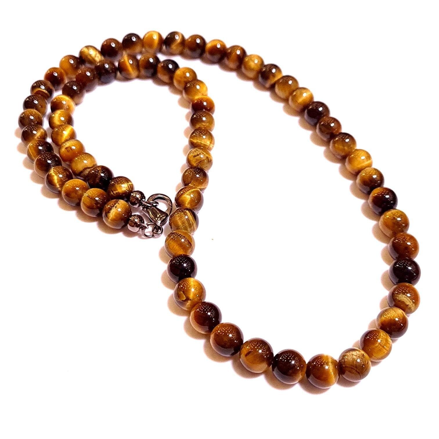 Natural Tiger Eye 8mm Smooth Round Choker, Layering Necklace in Sterling Silver, Chakra, Prosperity Gift