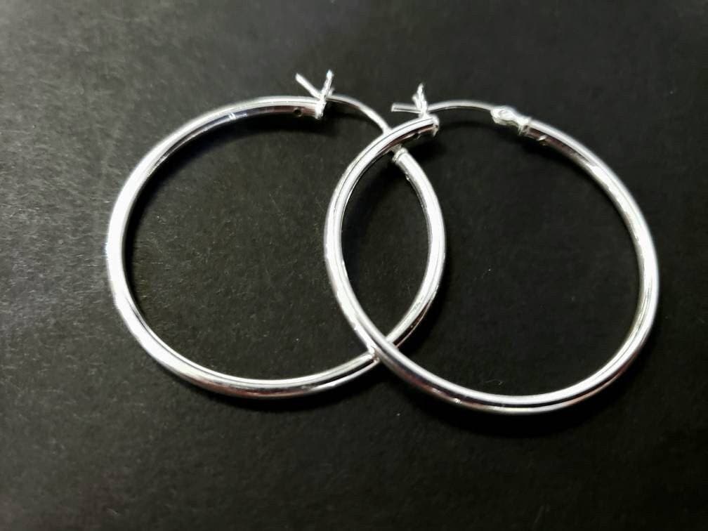 925 Sterling Silver 34mm Snap on large hoop earring. Minimalist simple wear hoop earring. 1 pair, 925 stamped