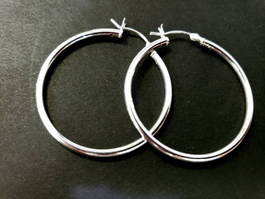 925 Sterling Silver 34mm Snap on large hoop earring. Minimalist simple wear hoop earring. 1 pair, 925 stamped