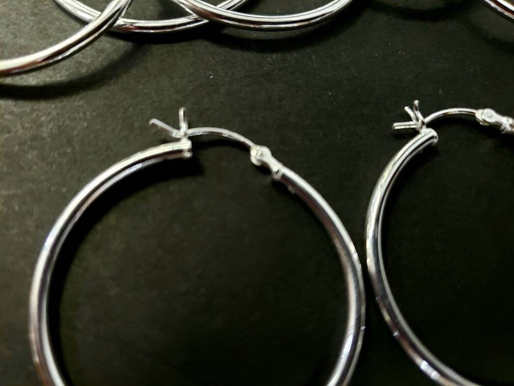 925 Sterling Silver 34mm Snap on large hoop earring. Minimalist simple wear hoop earring. 1 pair, 925 stamped