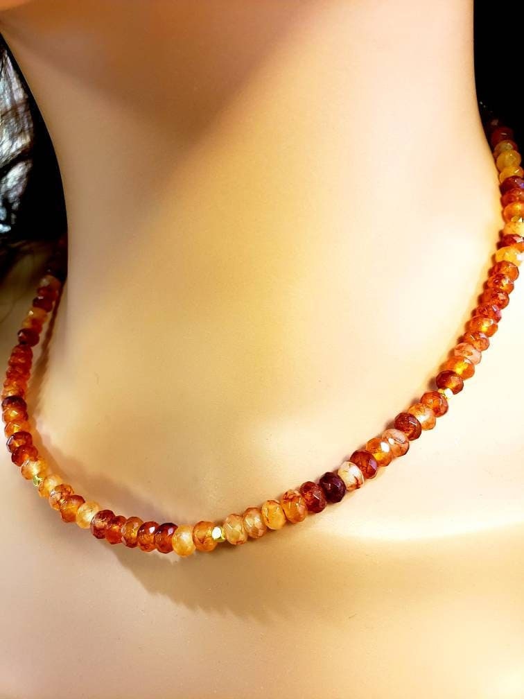 Natural Carnelian Ombre Orange shaded Faceted Healing Gemstones in Gold Clasp Necklace, choker, layering gift