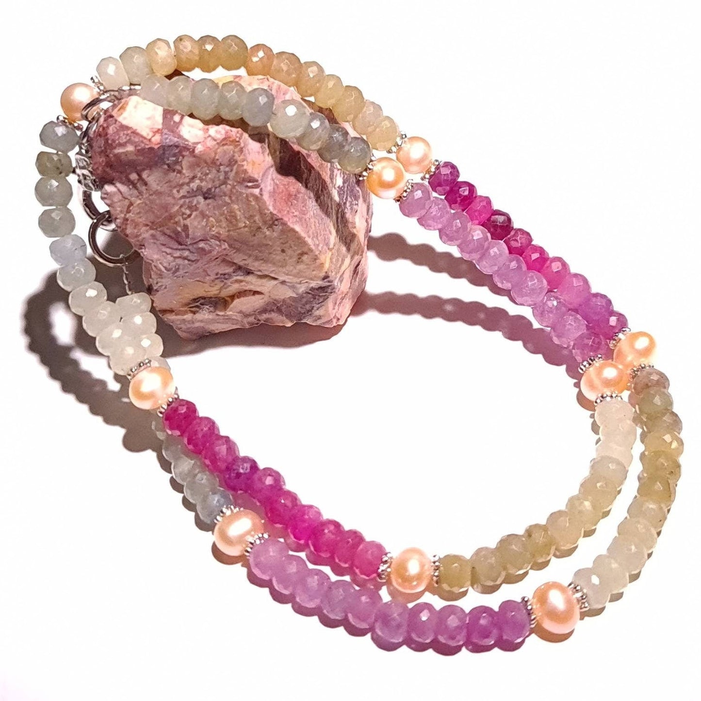 Natural Multi Sapphire, Faceted 5-5.5mm Rondelle with Pearl Multi Precious Gemstone in Silver Necklace