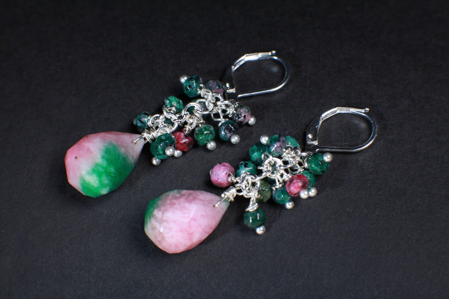 Natural Ruby Zoisite Wire Wrapped Clusters with Accent Candy Jade Faceted Teardrop Briolette in 925 Sterling Silver,Silver Plated Leverback