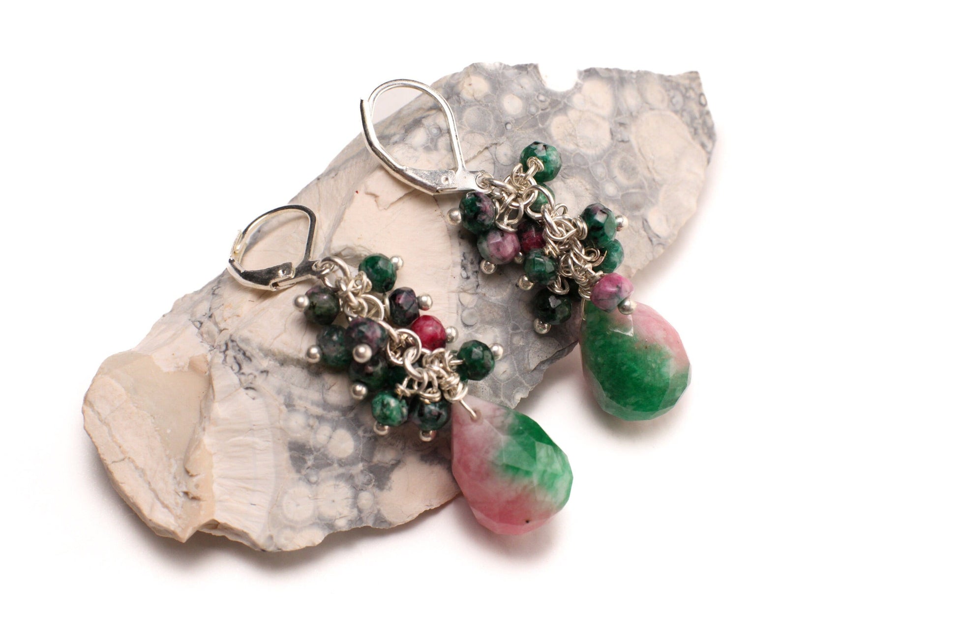 Natural Ruby Zoisite Wire Wrapped Clusters with Accent Candy Jade Faceted Teardrop Briolette in 925 Sterling Silver,Silver Plated Leverback