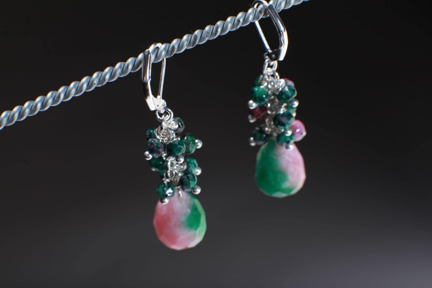 Natural Ruby Zoisite Wire Wrapped Clusters with Accent Candy Jade Faceted Teardrop Briolette in 925 Sterling Silver,Silver Plated Leverback