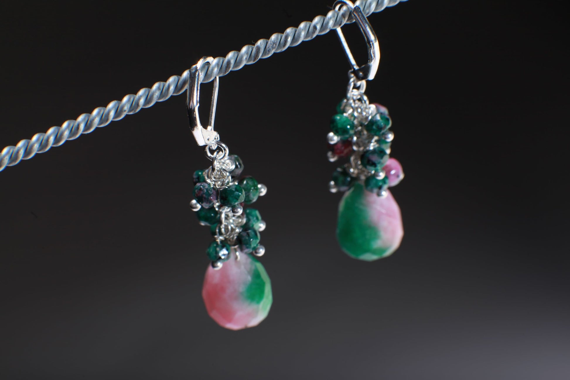 Natural Ruby Zoisite Wire Wrapped Clusters with Accent Candy Jade Faceted Teardrop Briolette in 925 Sterling Silver,Silver Plated Leverback