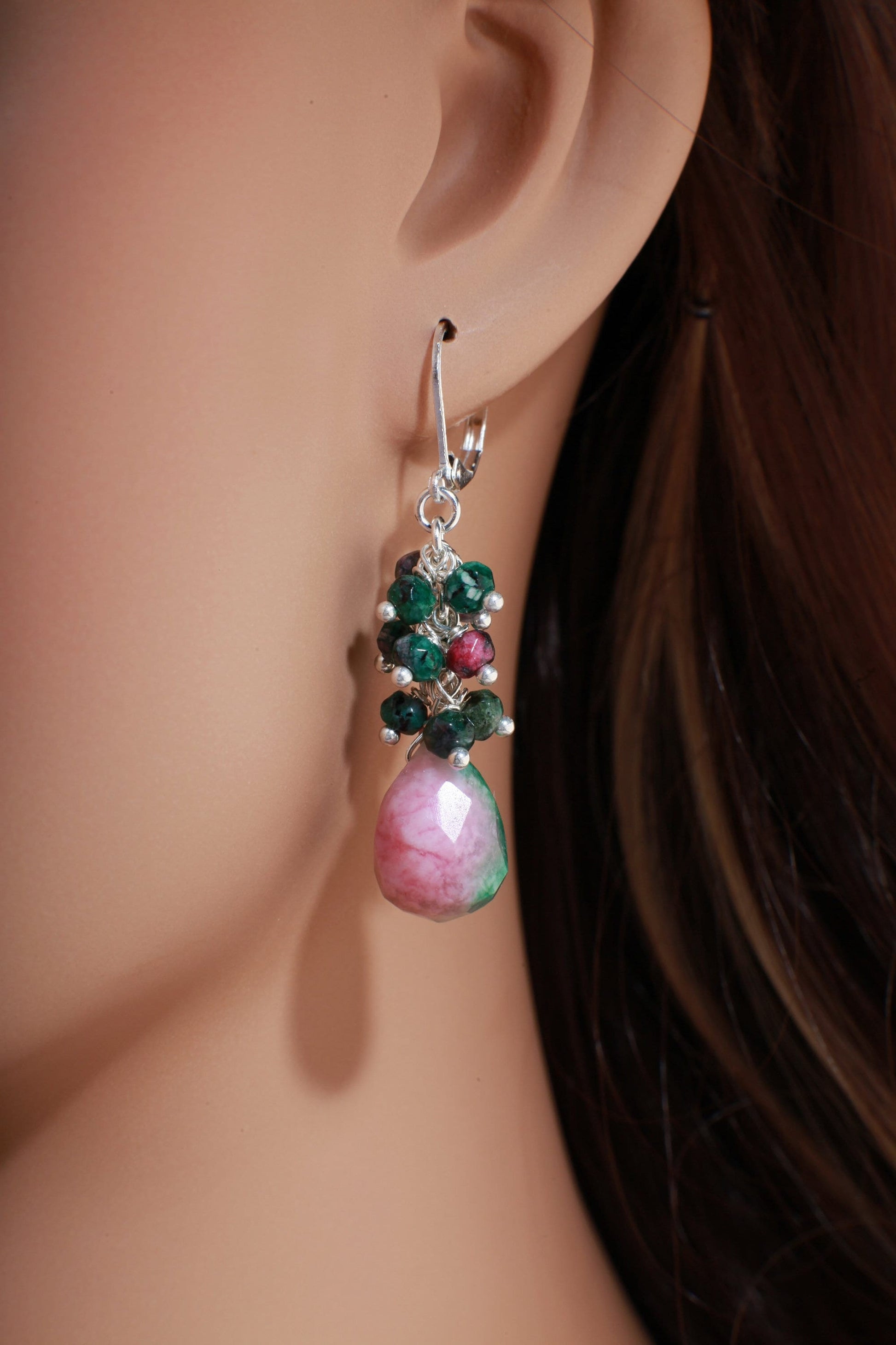 Natural Ruby Zoisite Wire Wrapped Clusters with Accent Candy Jade Faceted Teardrop Briolette in 925 Sterling Silver,Silver Plated Leverback