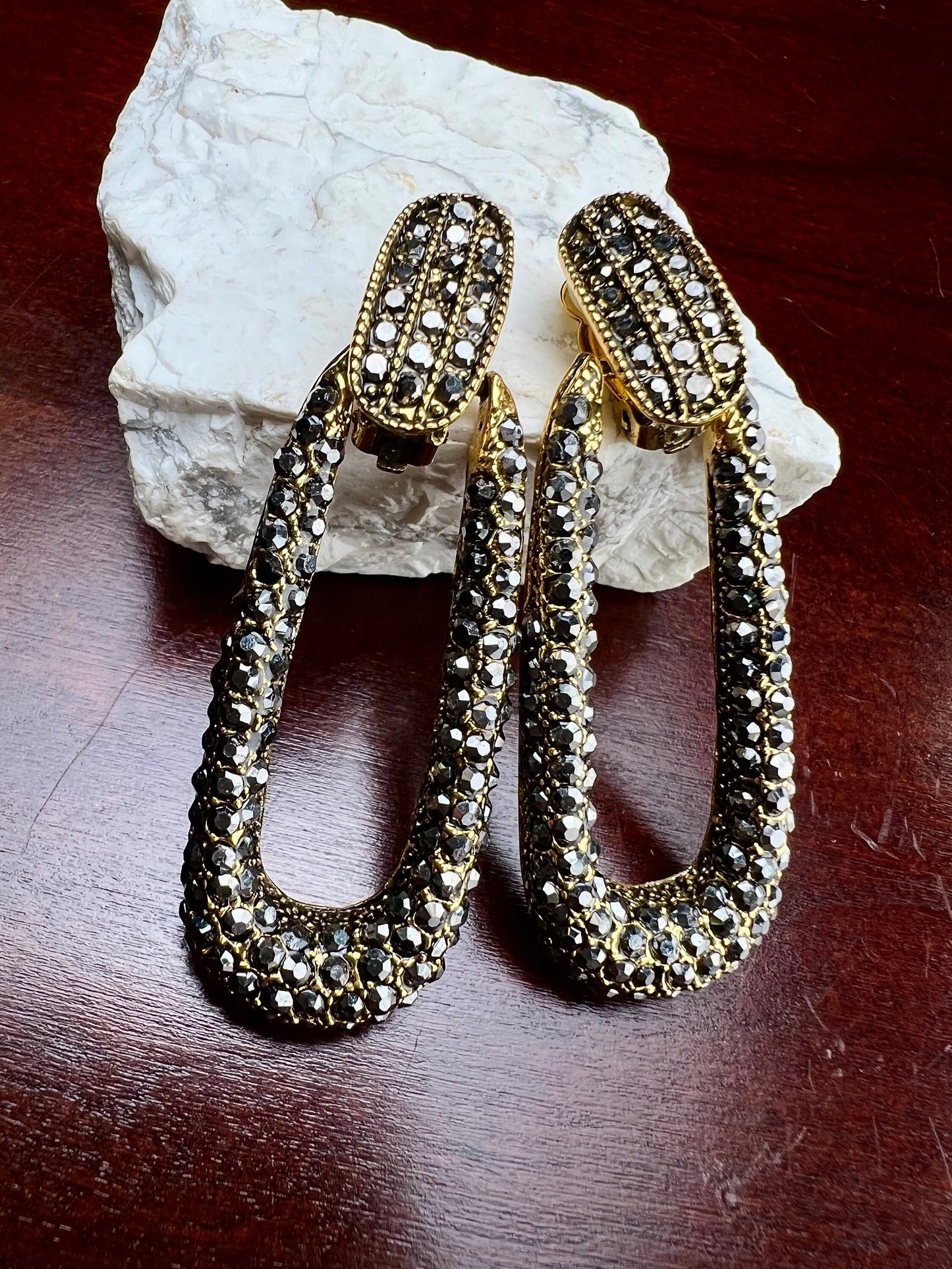 Marcasite Style Crystal Earrings clip on dangling and post interchangeable long oval Venetian gold Earrings, Gift for her