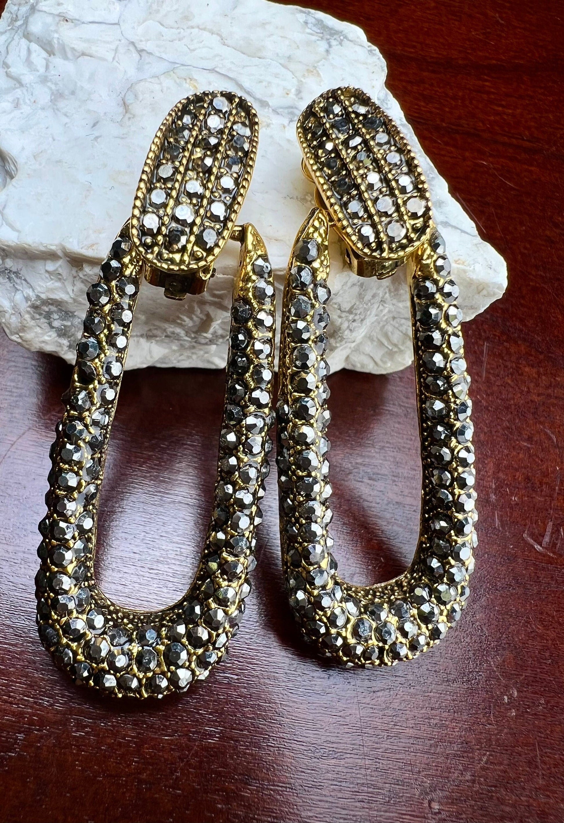 Marcasite Style Crystal Earrings clip on dangling and post interchangeable long oval Venetian gold Earrings, Gift for her