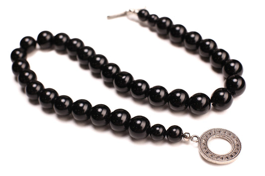 Genuine Black Onyx 14mm Large Smooth Round Bali Style Toggle Necklace, elegant gift