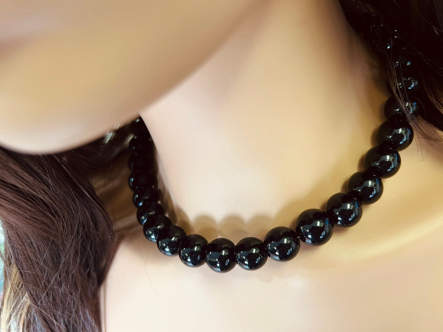 Genuine Black Onyx 14mm Large Smooth Round Bali Style Toggle Necklace, elegant gift