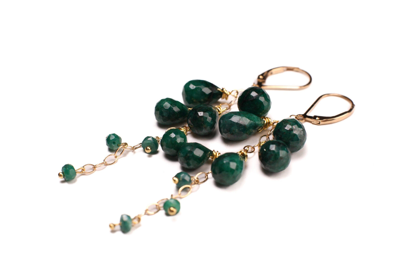 Natural Emerald Faceted Briolette Pear-drop Emerald 14K Gold Filled cascade Lever back Earrings, elegant precious Gift For Her