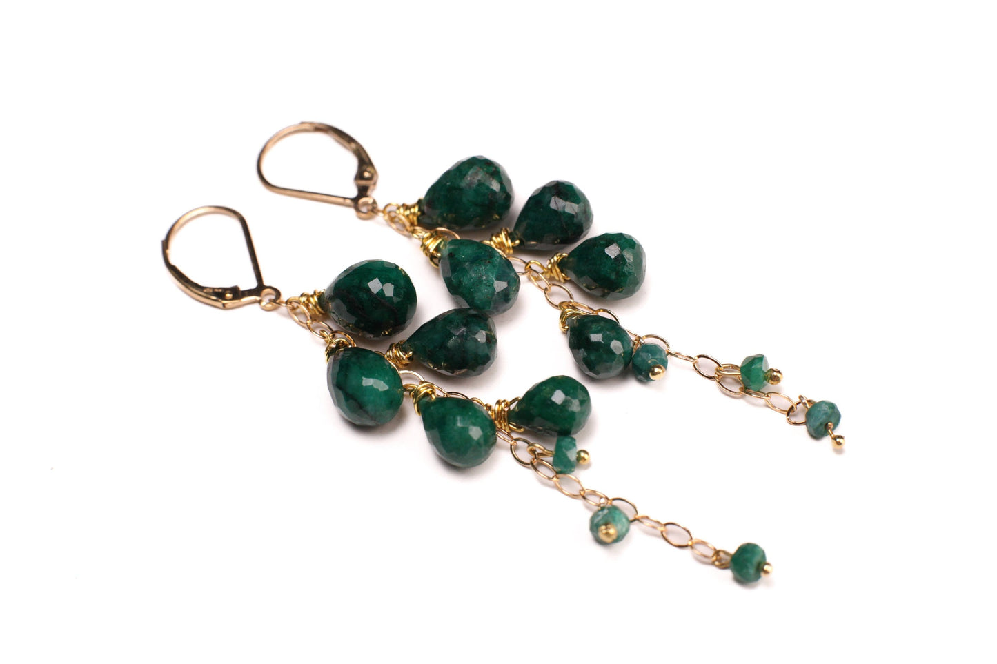 Natural Emerald Faceted Briolette Pear-drop Emerald 14K Gold Filled cascade Lever back Earrings, elegant precious Gift For Her