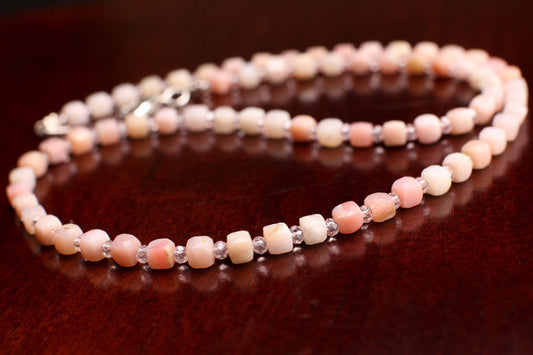 Natural Pink Peruvian Opal 4-4.5mm Cube bead choker layering Necklace, Accent pink crystal in 925 Sterling Silver Clasp,love, Valentine gift