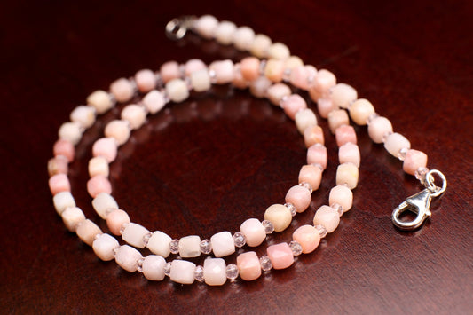 Natural Pink Peruvian Opal 4-4.5mm Cube bead choker layering Necklace, Accent pink crystal in 925 Sterling Silver Clasp,love, Valentine gift