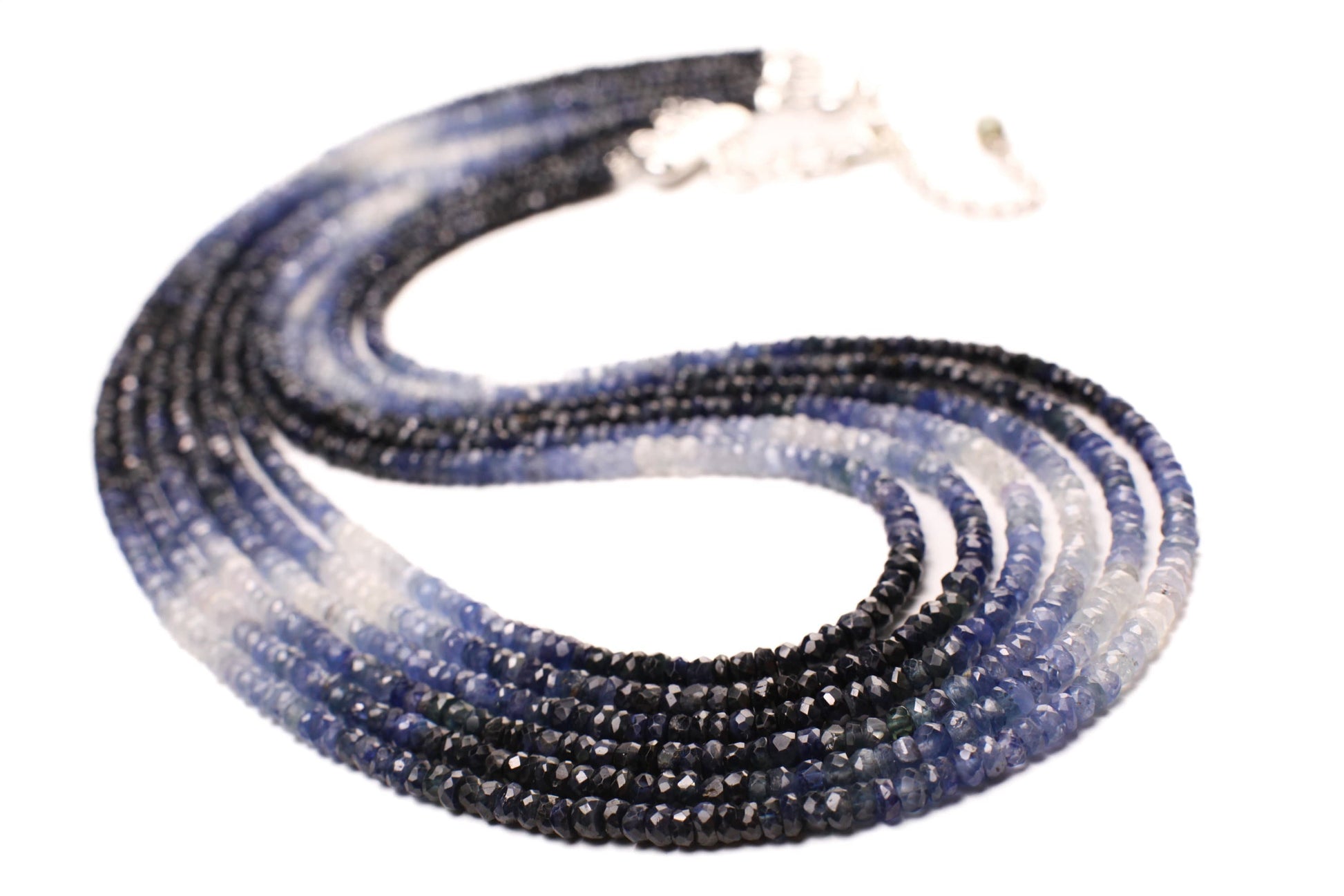 6 line Ombre Sapphire Graduated 2.5-3.5mm Faceted Roundel Necklace. 15&quot;-16&quot; natural sapp Beads Necklace with silver Adjustable Clasp