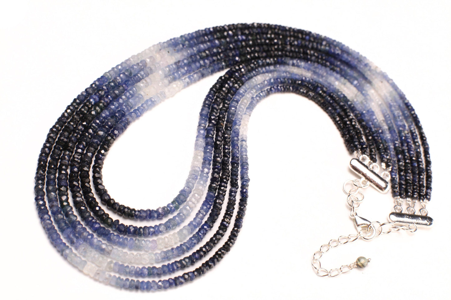 6 line Ombre Sapphire Graduated 2.5-3.5mm Faceted Roundel Necklace. 15&quot;-16&quot; natural sapp Beads Necklace with silver Adjustable Clasp