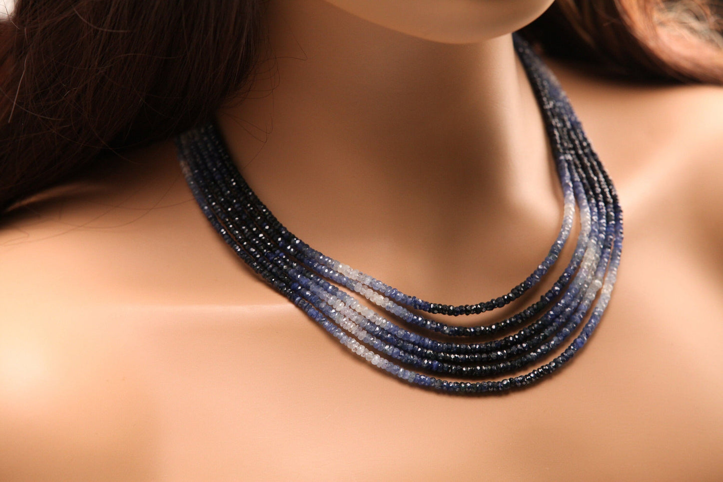 6 line Ombre Sapphire Graduated 2.5-3.5mm Faceted Roundel Necklace. 15&quot;-16&quot; natural sapp Beads Necklace with silver Adjustable Clasp