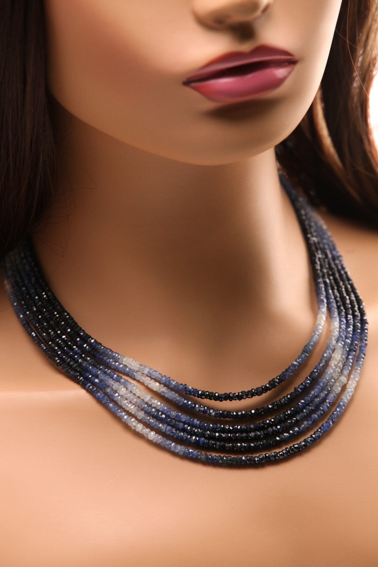 6 line Ombre Sapphire Graduated 2.5-3.5mm Faceted Roundel Necklace. 15&quot;-16&quot; natural sapp Beads Necklace with silver Adjustable Clasp