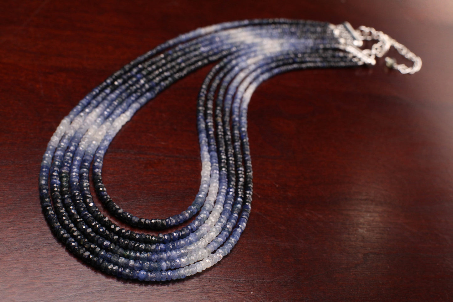 6 line Ombre Sapphire Graduated 2.5-3.5mm Faceted Roundel Necklace. 15&quot;-16&quot; natural sapp Beads Necklace with silver Adjustable Clasp