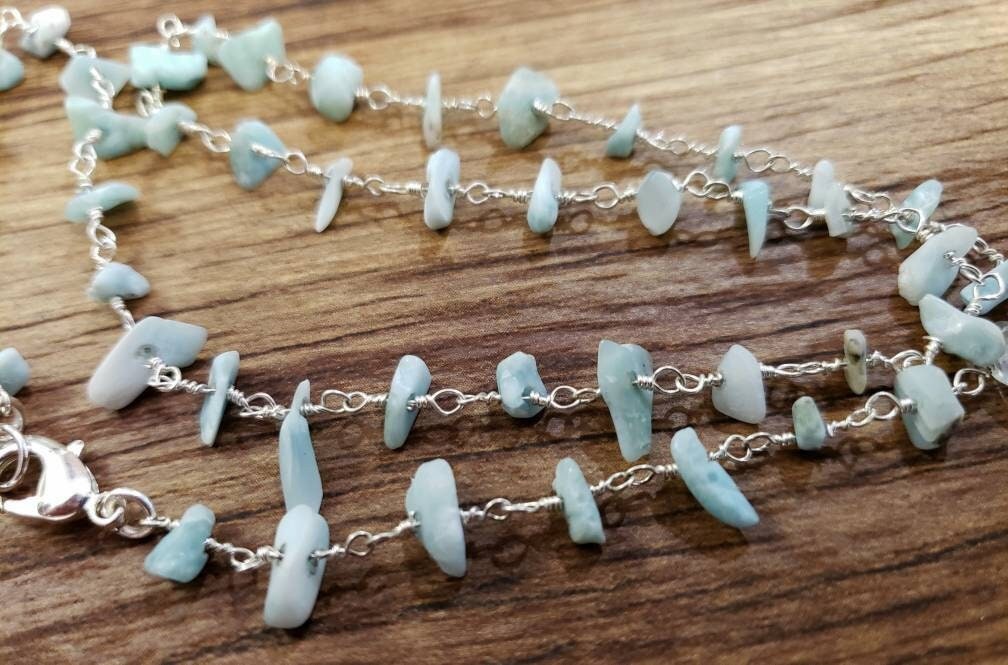 Natural Larimar raw nugget chips silver wire wrapped Gemstone Choker, Layering handmade Necklace Gift, Healing Gem