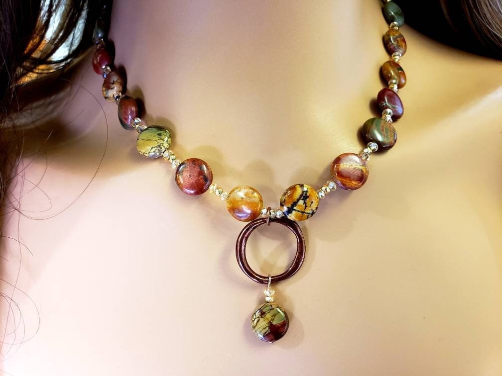 Natural Picasso Jasper 12mm Disk Shape Copper Circle Dangling Pendant 18" Necklace with Matching Gold Earrings Jewelry Set