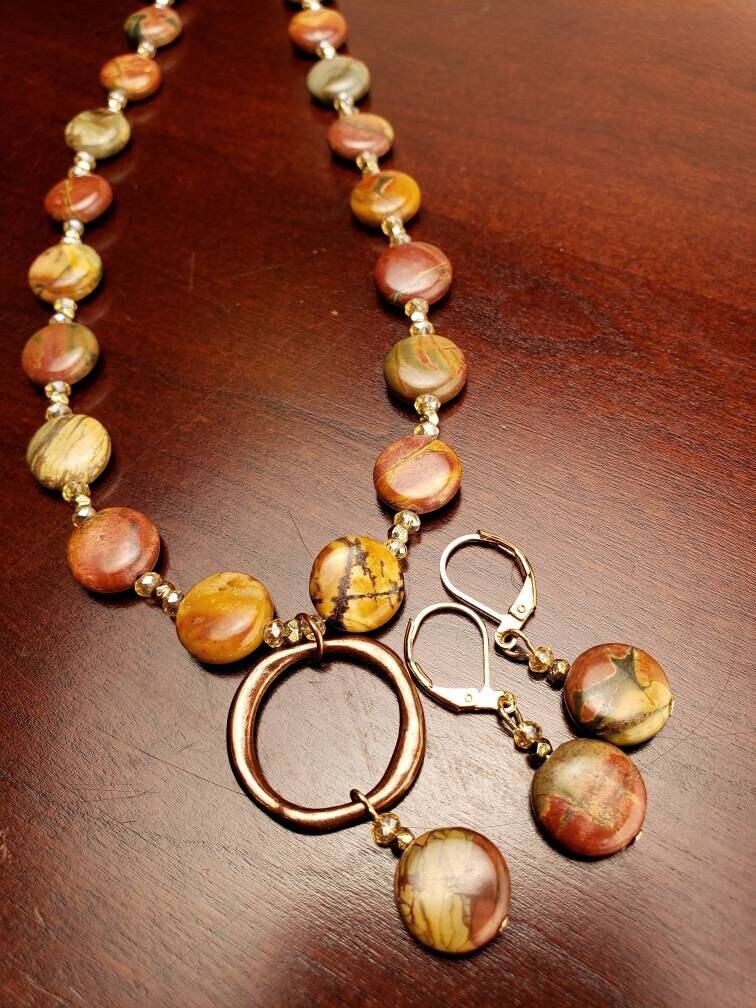 Natural Picasso Jasper 12mm Disk Shape Copper Circle Dangling Pendant 18&quot; Necklace with Matching Gold Earrings Jewelry Set