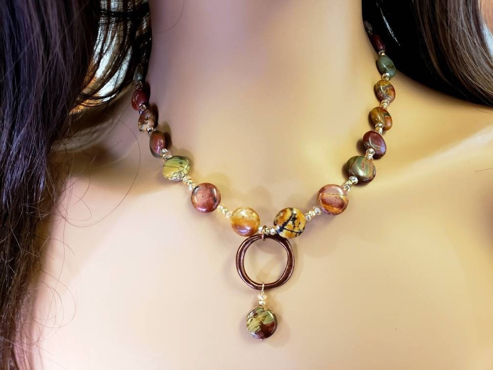Natural Picasso Jasper 12mm Disk Shape Copper Circle Dangling Pendant 18" Necklace with Matching Gold Earrings Jewelry Set