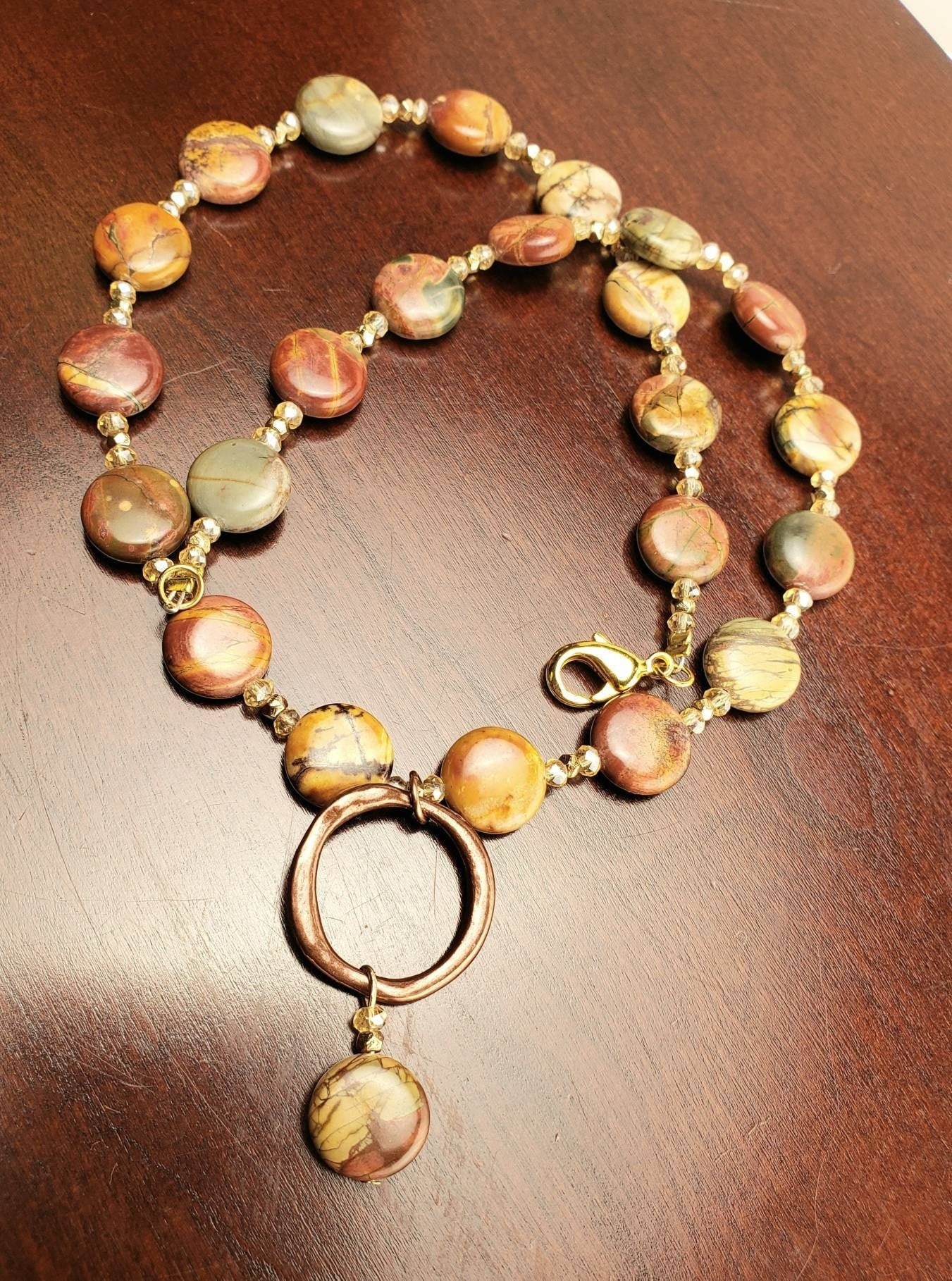 Natural Picasso Jasper 12mm Disk Shape Copper Circle Dangling Pendant 18" Necklace with Matching Gold Earrings Jewelry Set
