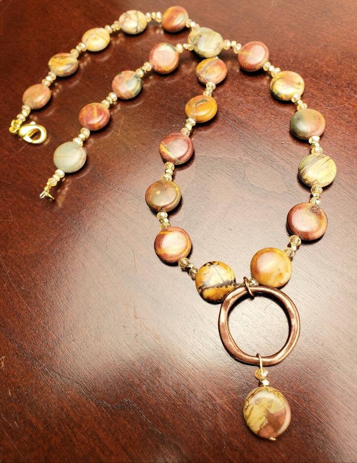 Natural Picasso Jasper 12mm Disk Shape Copper Circle Dangling Pendant 18&quot; Necklace with Matching Gold Earrings Jewelry Set