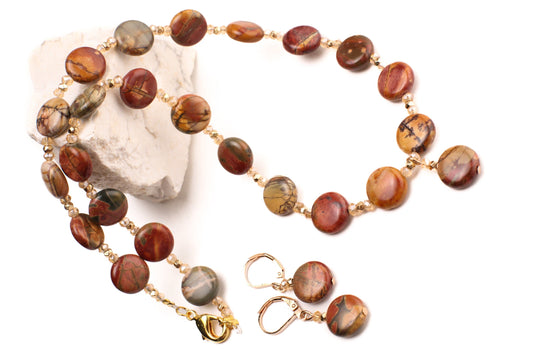 Natural Picasso Jasper 12mm Disk Shape Copper Circle Dangling Pendant 18" Necklace with Matching Gold Earrings Jewelry Set