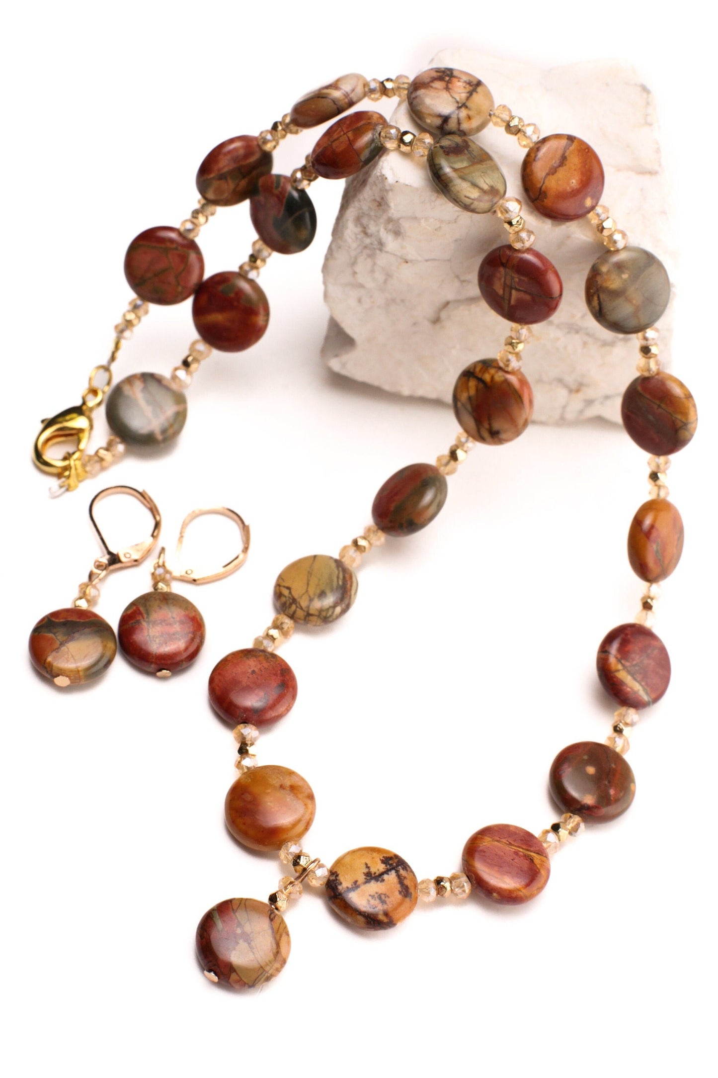 Natural Picasso Jasper 12mm Disk Shape Copper Circle Dangling Pendant 18&quot; Necklace with Matching Gold Earrings Jewelry Set