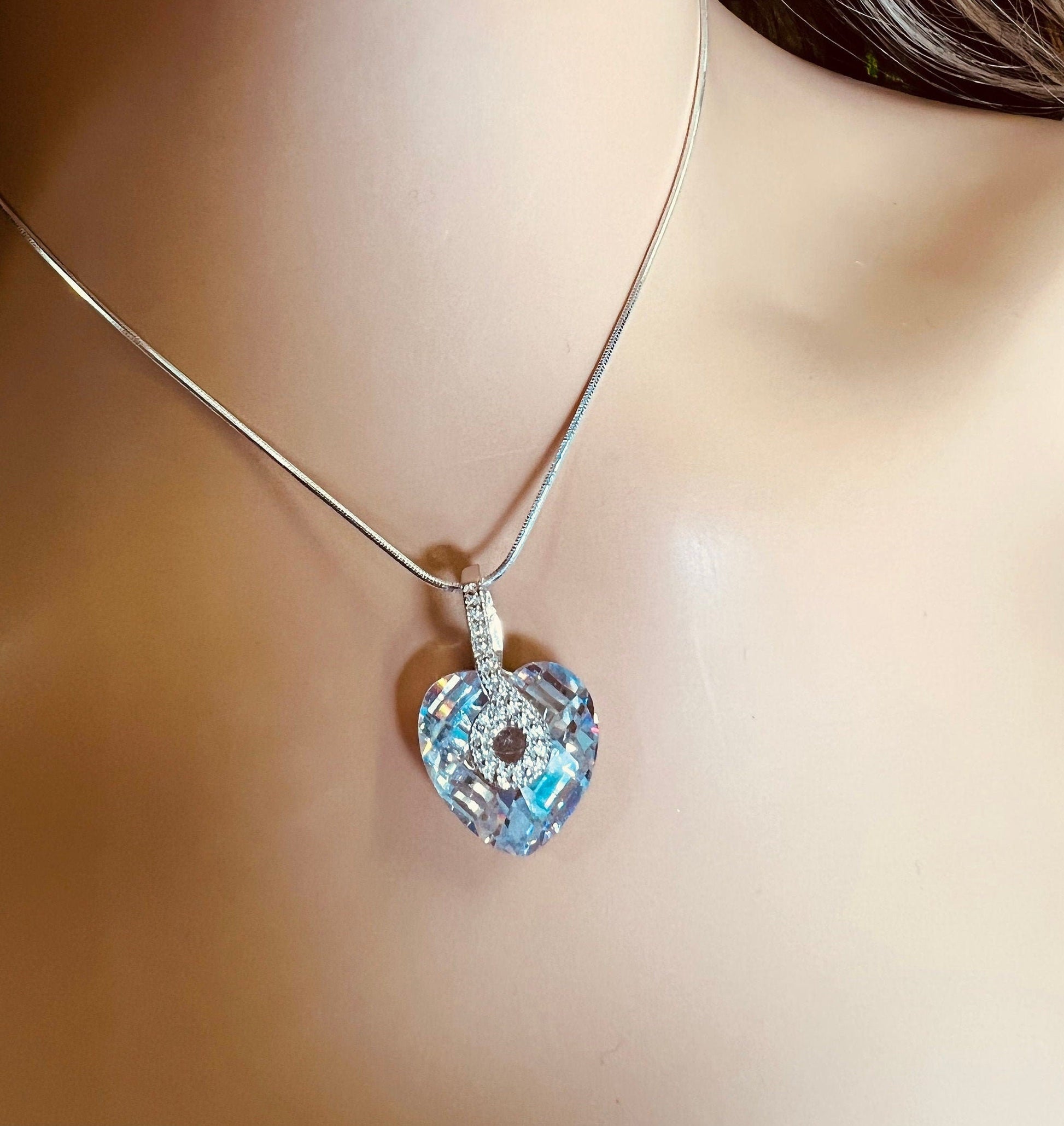 Cubic zirconia CZ Diamond clear 15mm puff heart princess cut 925 Sterling silver Pendant and chain Necklace 925 stamped gift valentines gif