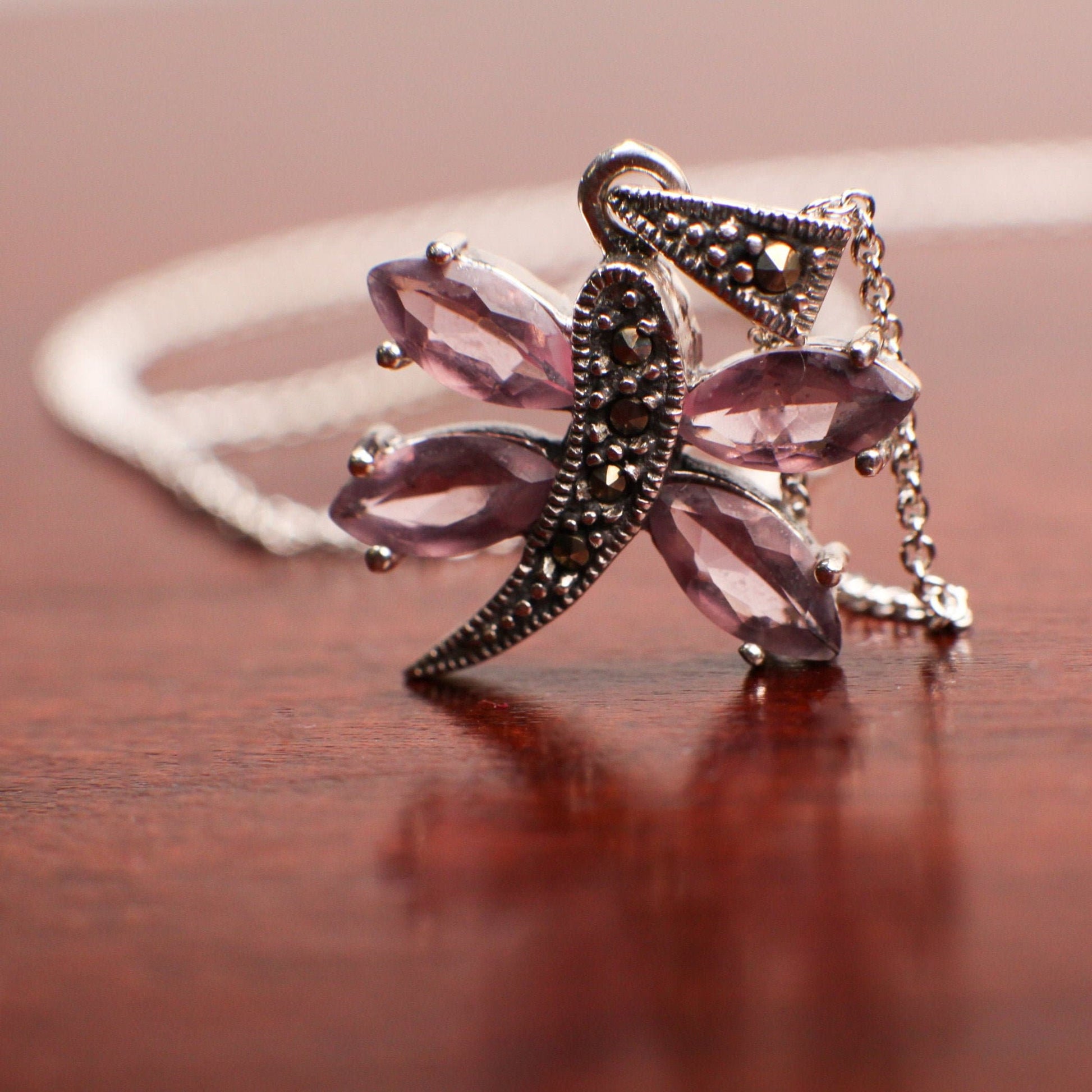 Marcasite 925 Sterling Pink Amethyst Dragonfly Pendant Necklace with Rhodium Non Tarnish Sterling Silver Chain, Vintage, Antique gift