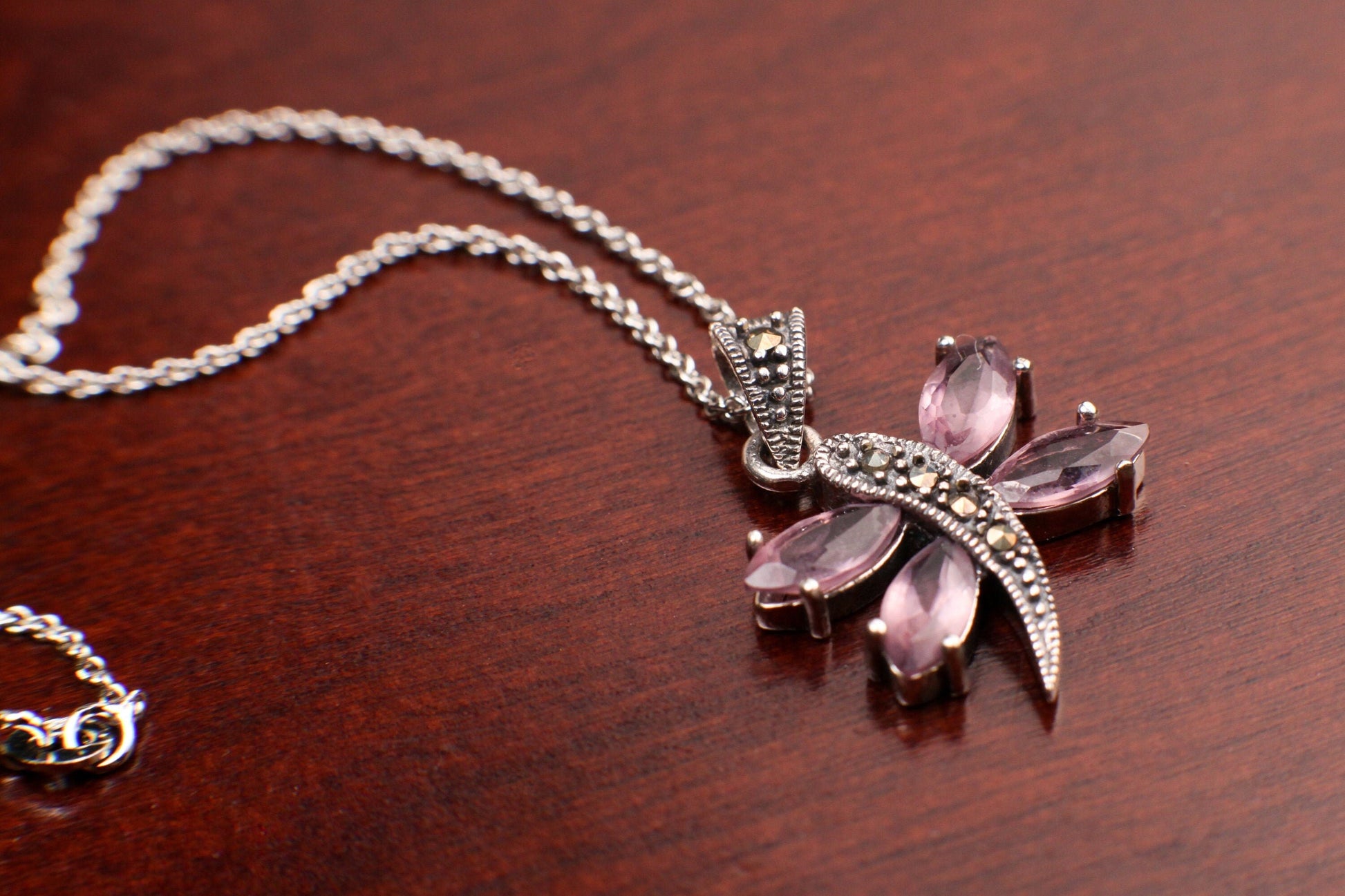 Marcasite 925 Sterling Pink Amethyst Dragonfly Pendant Necklace with Rhodium Non Tarnish Sterling Silver Chain, Vintage, Antique gift