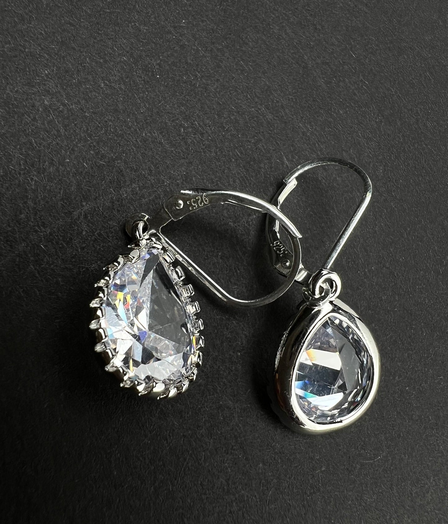 Cubic zirconia CZ Diamond clear 13x15mm pear drop 925 Sterling silver Lever back earrings. Beautiful elegant minimalist simple wear gift