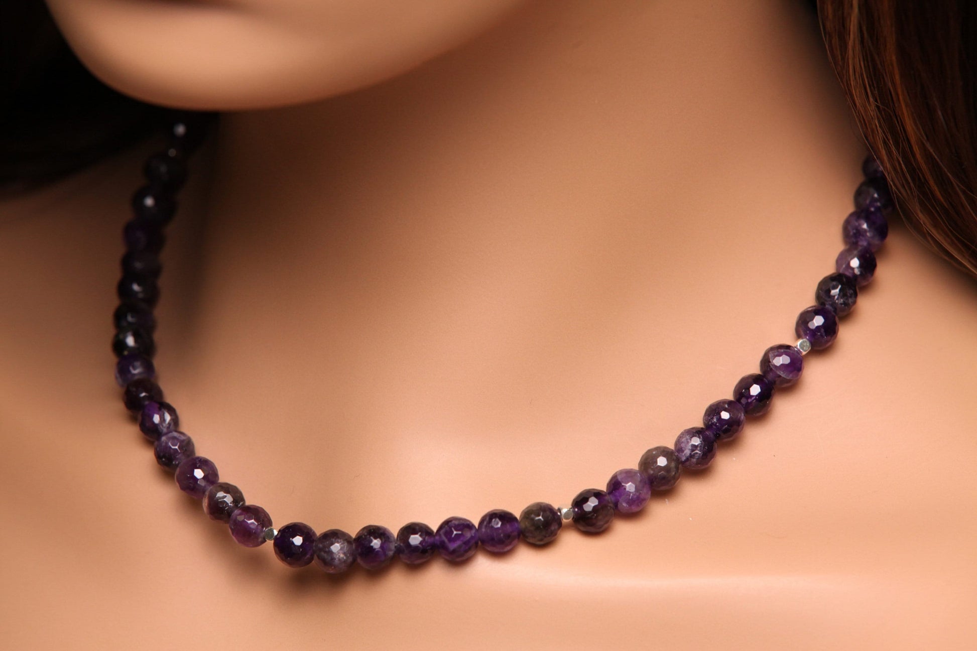 Natural Amethyst Purple 8mm Faceted Round beaded Choker, Layering Necklace, February birthstone 14&quot;- 30&quot;