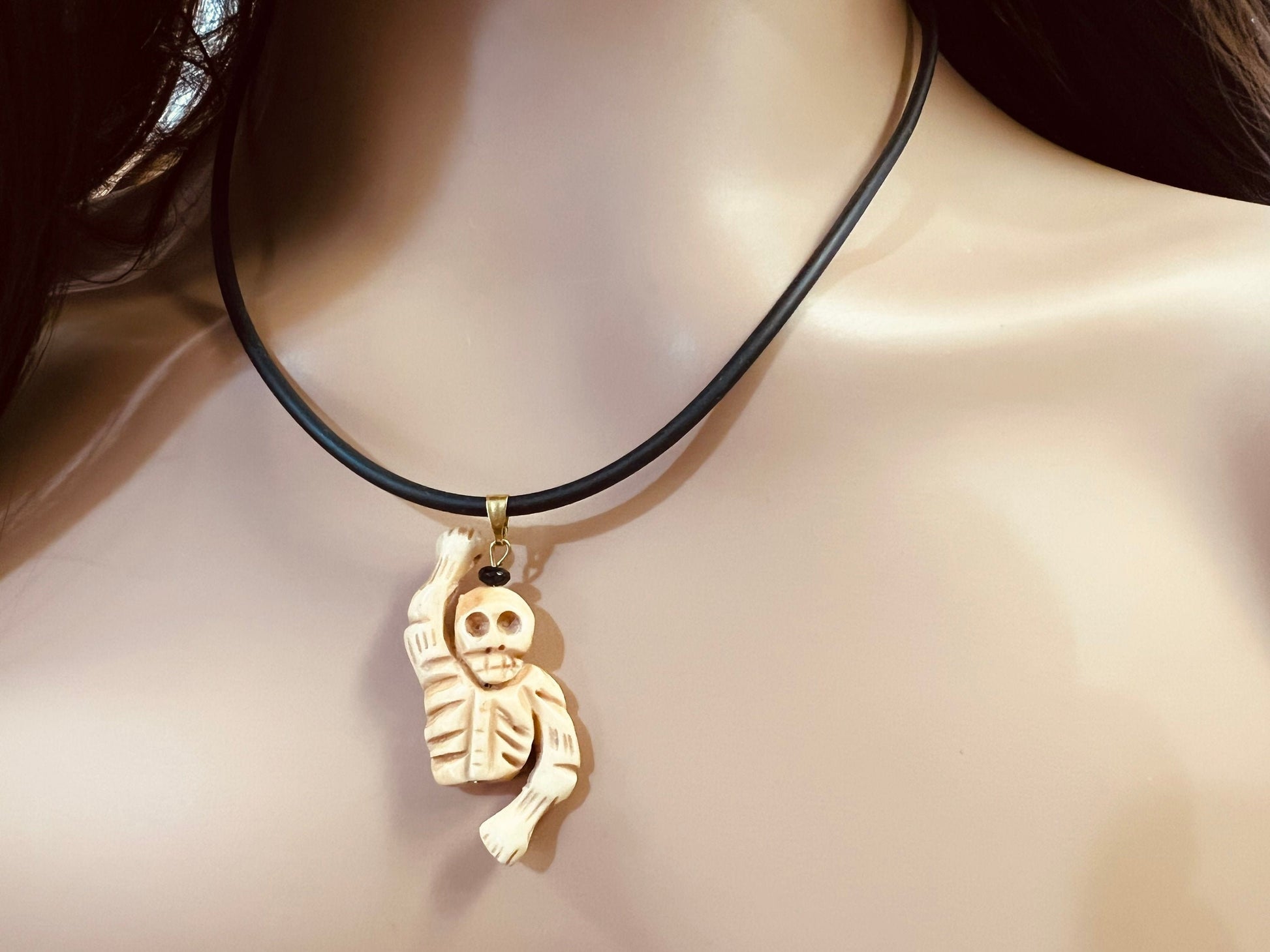 Carved Buffalo Bone Hand Craved Skeleton Polished Bead Charm with black leather choker necklace,Halloween Art Deco