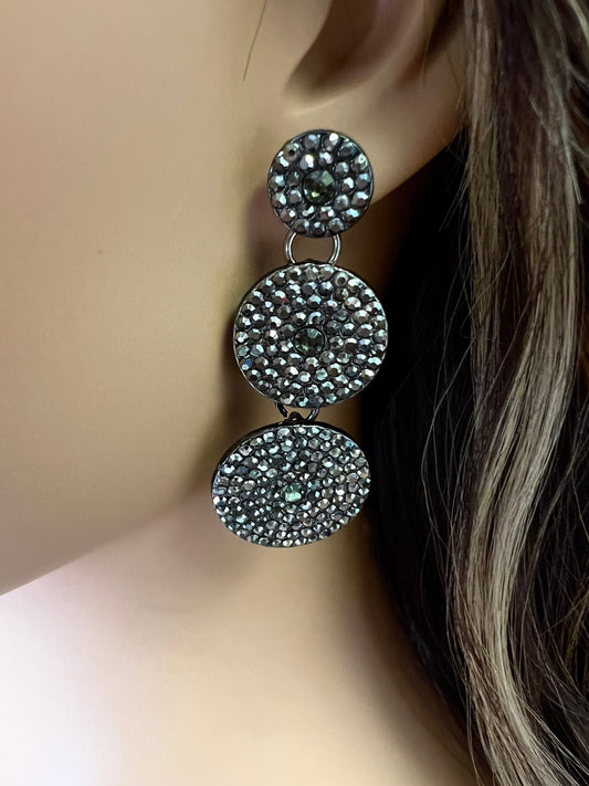 Marcasite Style black Crystal Earrings Post with Dangle 3 circle Venetian Earrings, evening wear , party elegant Gift for her