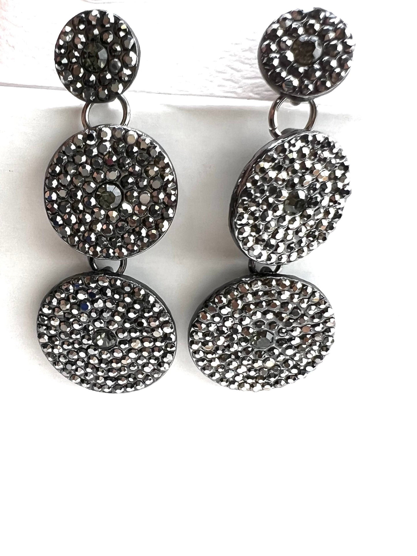 Marcasite Style black Crystal Earrings Post with Dangle 3 circle Venetian Earrings, evening wear , party elegant Gift for her