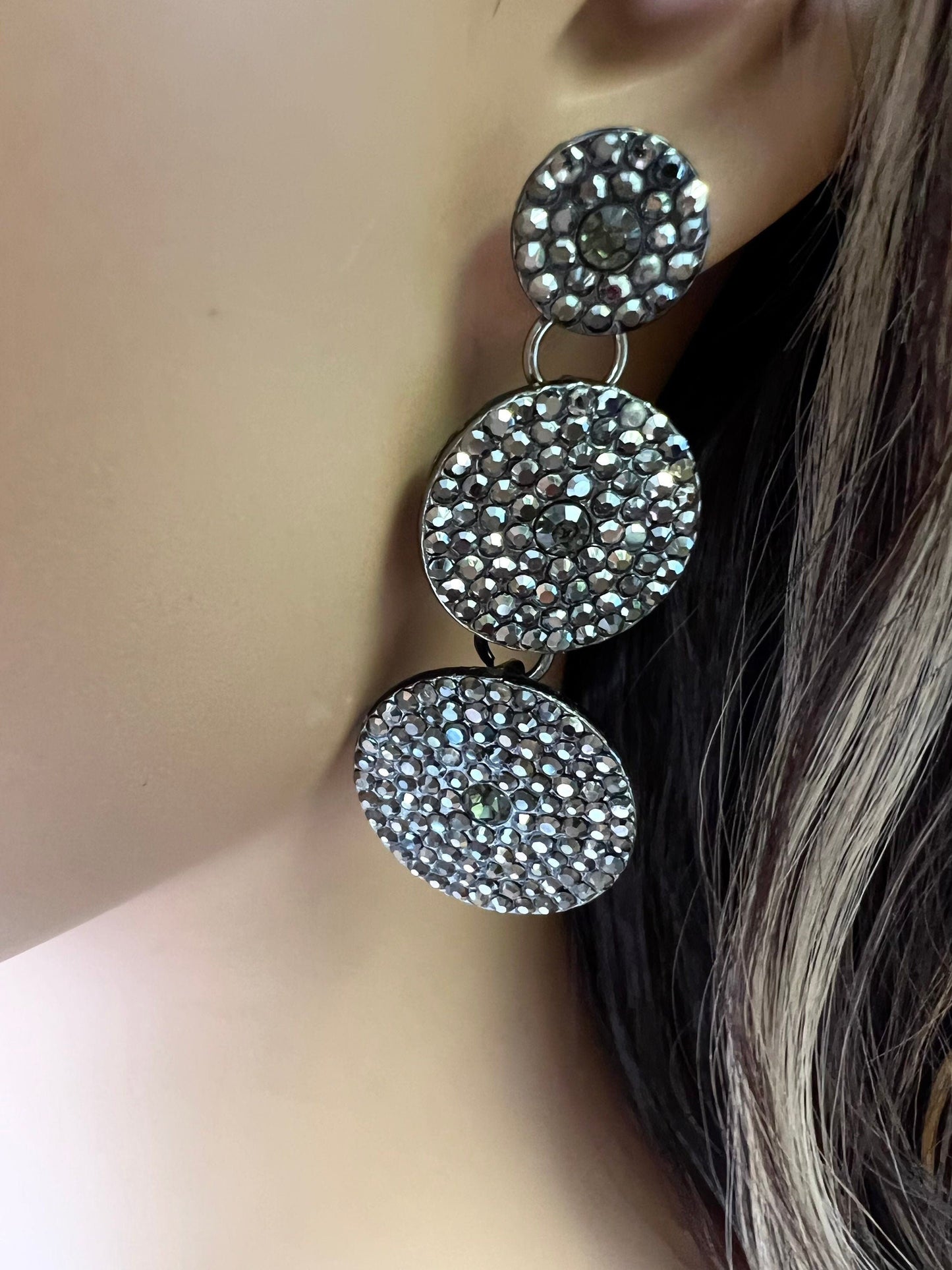 Marcasite Style black Crystal Earrings Post with Dangle 3 circle Venetian Earrings, evening wear , party elegant Gift for her