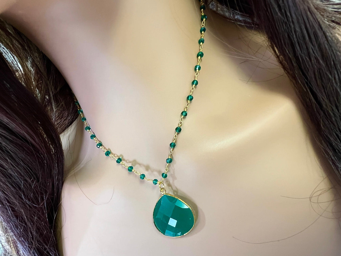 Genuine Green Onyx Bezel Teardrop Pendant with matching beaded wire wrapped rosary chain Necklace. Gift for her