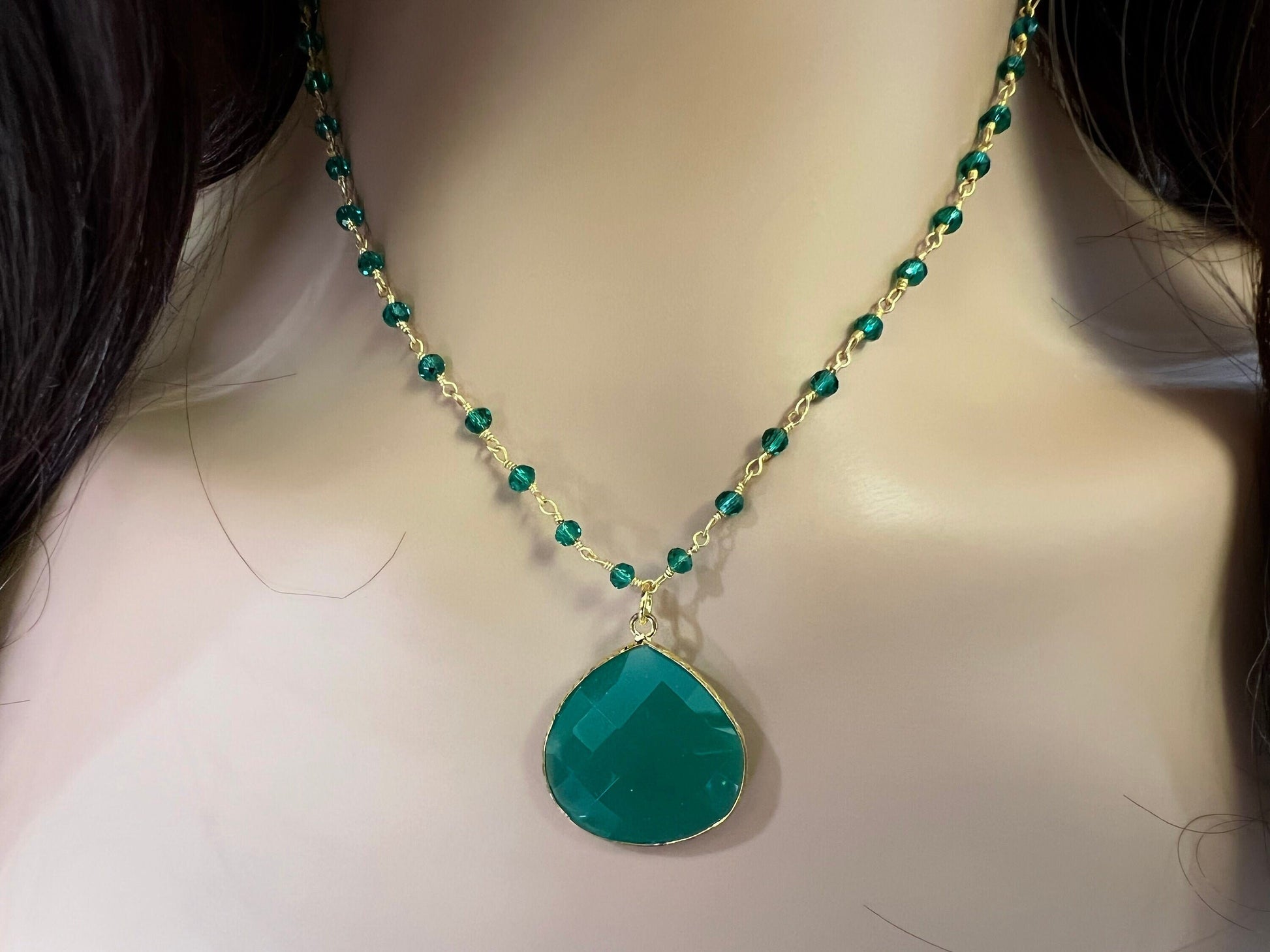 Genuine Green Onyx Bezel Teardrop Pendant with matching beaded wire wrapped rosary chain Necklace. Gift for her