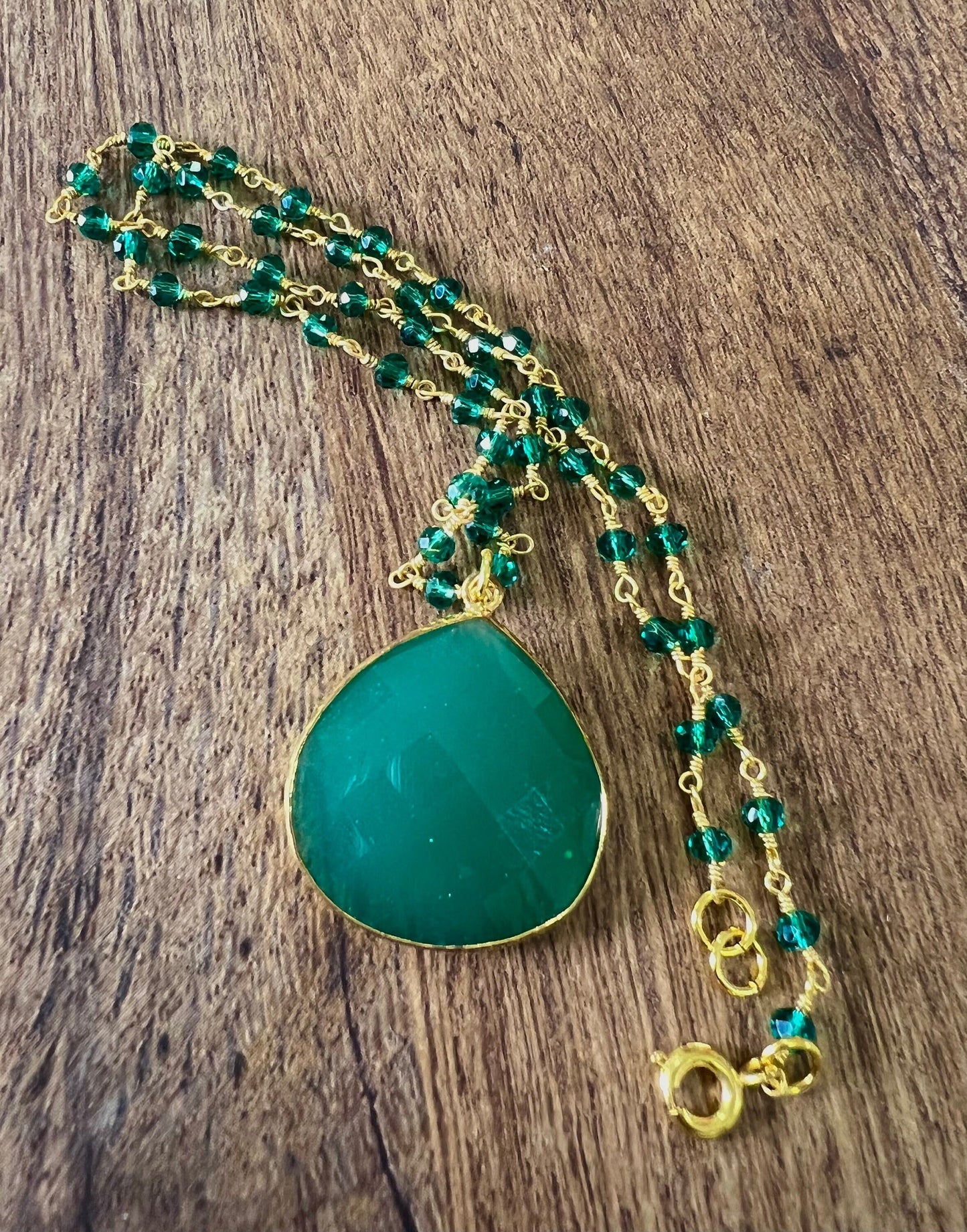 Genuine Green Onyx Bezel Teardrop Pendant with matching beaded wire wrapped rosary chain Necklace. Gift for her