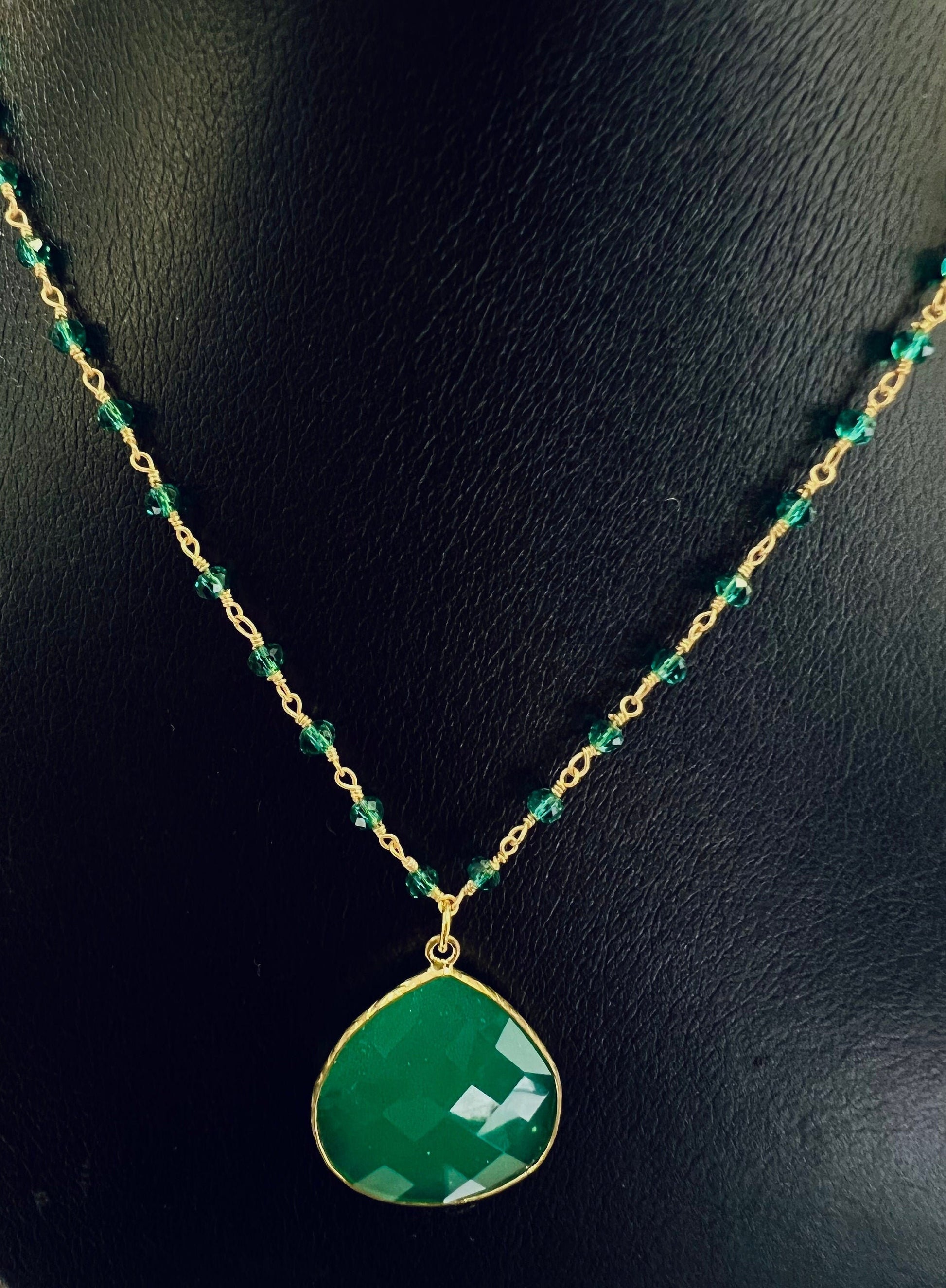 Genuine Green Onyx Bezel Teardrop Pendant with matching beaded wire wrapped rosary chain Necklace. Gift for her