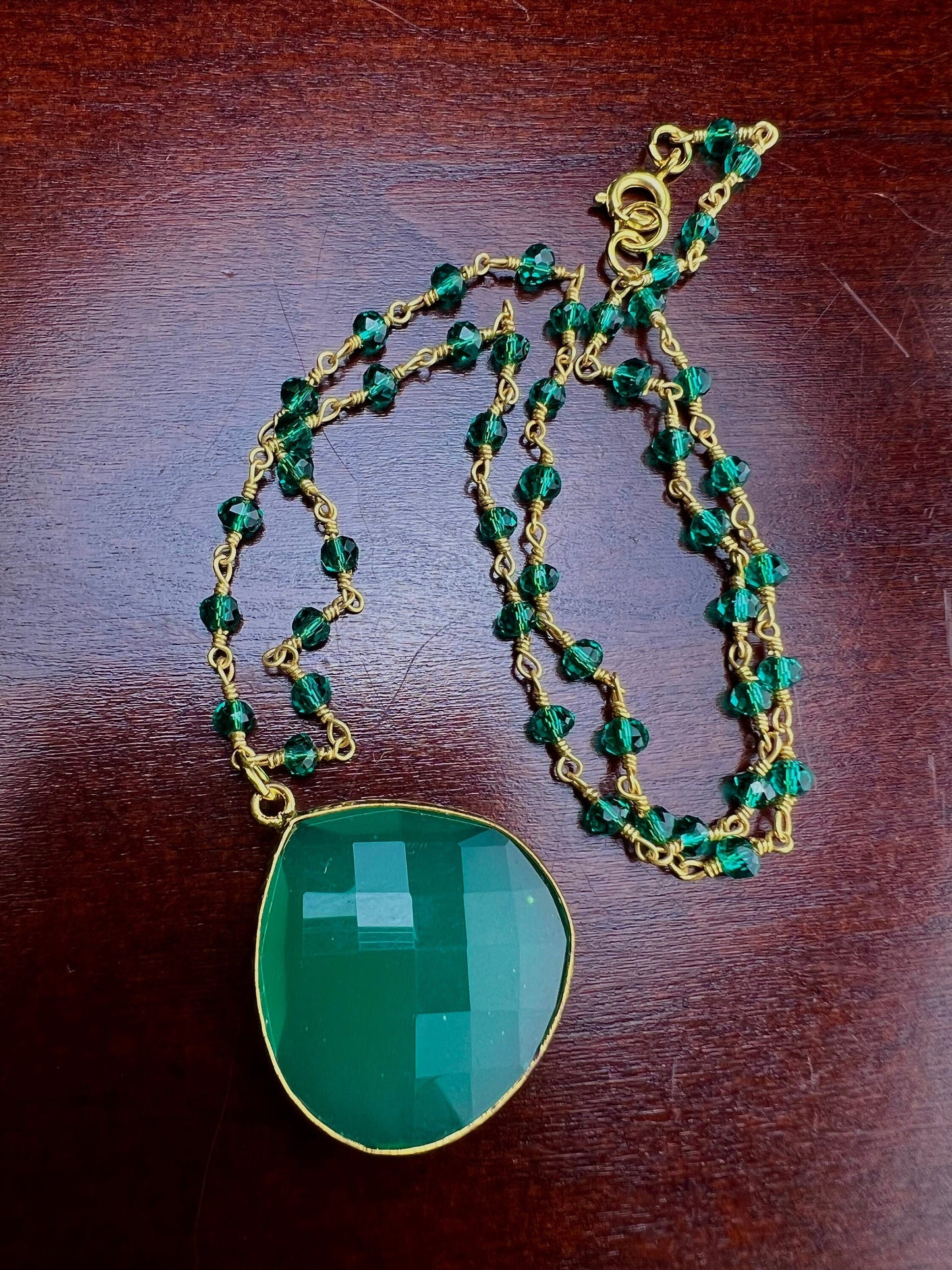 Genuine Green Onyx Bezel Teardrop Pendant with matching beaded wire wrapped rosary chain Necklace. Gift for her