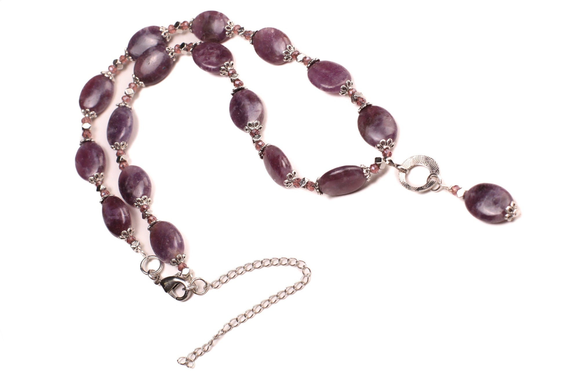 Lepidolite smooth oval 12x16mm with Bali style spacer Dangling Lepidolite rhodium pendant 18&quot; plus 4&quot; Extension natural gemstone Necklace