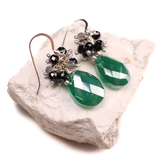 Genuine Green Onyx large drop mystic 12x16mm cluster with labradorite & black spinel wire wrapped 925 sterling silver earrings