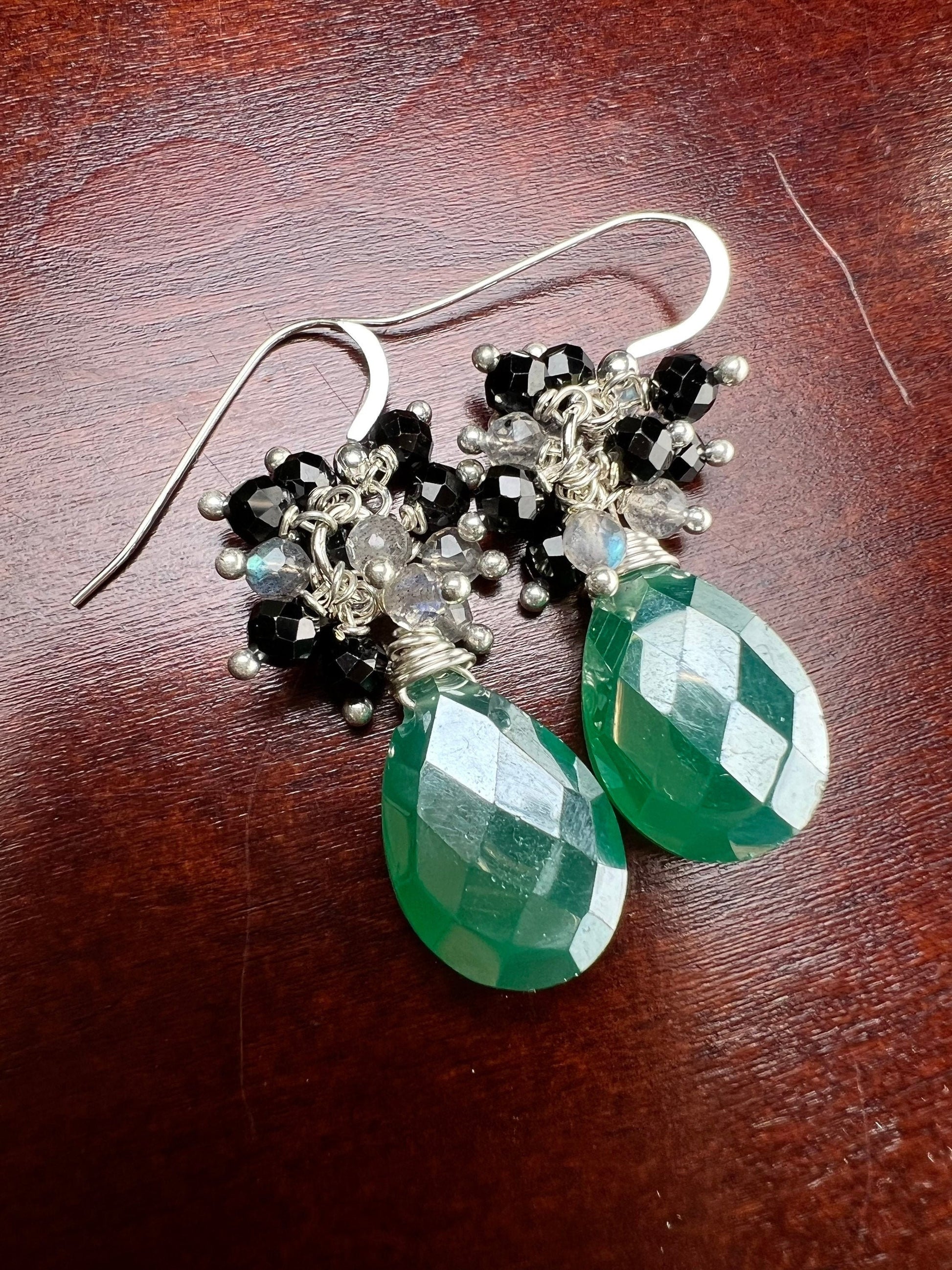 Genuine Green Onyx large drop mystic 12x16mm cluster with labradorite & black spinel wire wrapped 925 sterling silver earrings