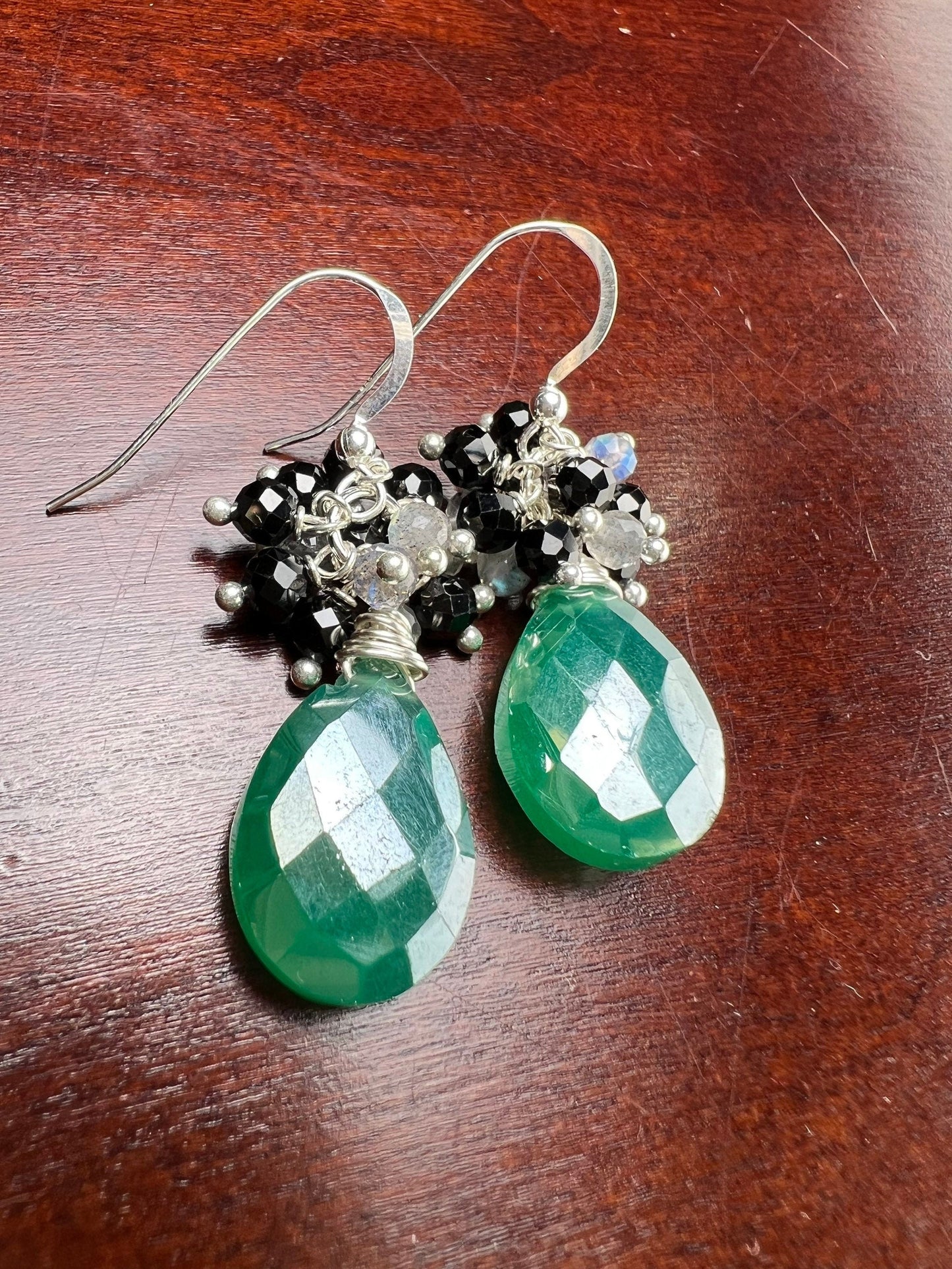 Genuine Green Onyx large drop mystic 12x16mm cluster with labradorite & black spinel wire wrapped 925 sterling silver earrings